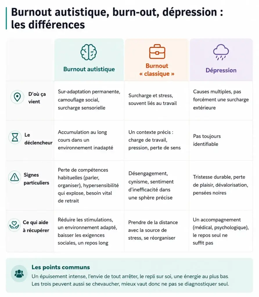 burnout autistique tableau comparatif burnout autistique, différences avec la dépression et le burn-out